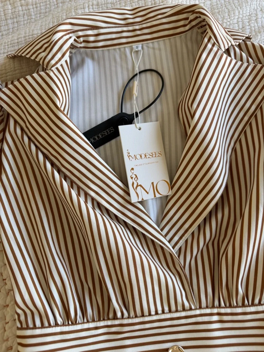 Button-Front Beige and White Striped Midi Dress - Picture 2 of 4